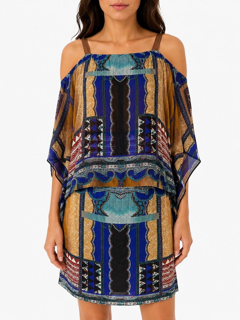 Etro Patchwork Cold Shoulder Dress Silk Paisley Cape Sleeve Blue Black 44 M US 8
